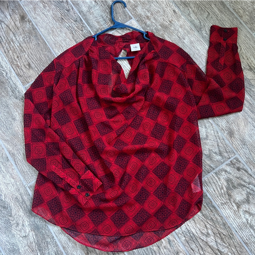 Cabi Sheer Long Sleeve Blouse, Keyhole cutout back, Drape Neck, Women’s Medium - Picture 3 of 8